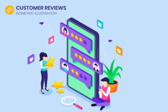 Elevate Trust with Isometric Customer Reviews Illustration
